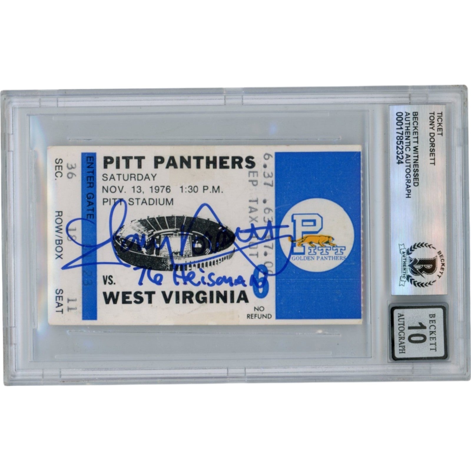 Tony Dorsett Pitt Panthers Signed Card - 11/13/76 Ticket Stub Heisman Slabbed Beckett Beckett-Powers Sports Memorabilia
