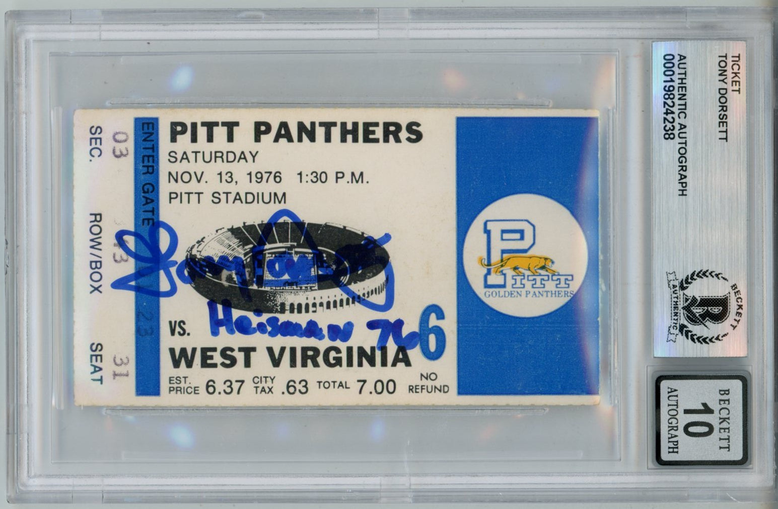Tony Dorsett Pittsburgh Panthers Signed Card - Heisman 10auto Ticket Slab Beckett Beckett-Powers Sports Memorabilia