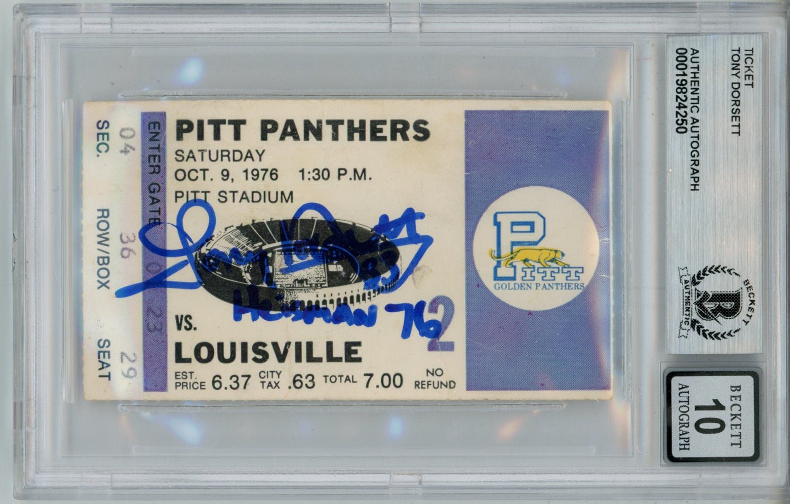Tony Dorsett Pittsburgh Panthers Signed Card - Heisman 10auto Ticket Slab Beckett Beckett - 57046-Powers Sports Memorabilia