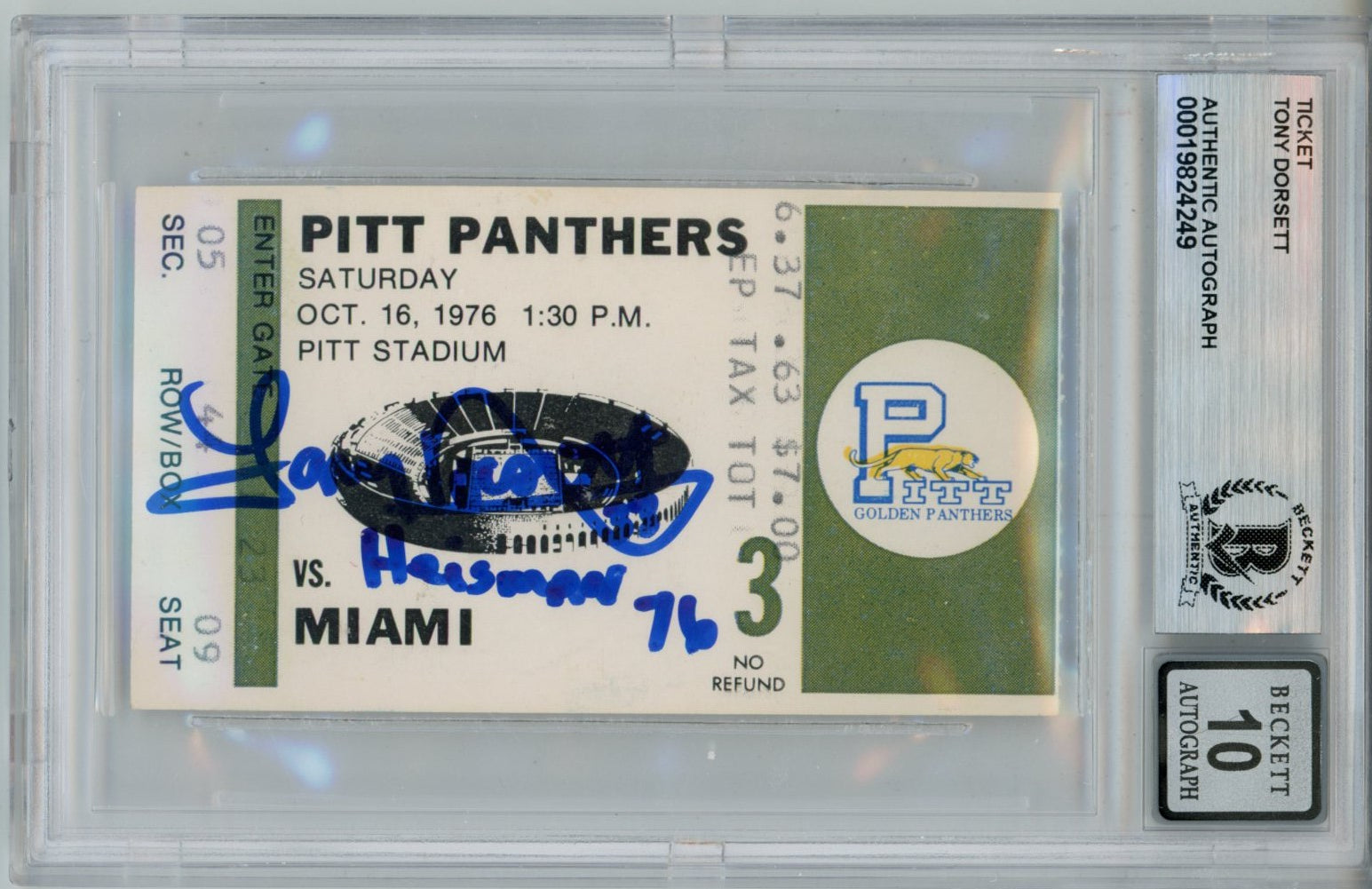 Tony Dorsett Pittsburgh Panthers Signed Card - Heisman 10auto Ticket Slab Beckett Beckett - 57047-Powers Sports Memorabilia