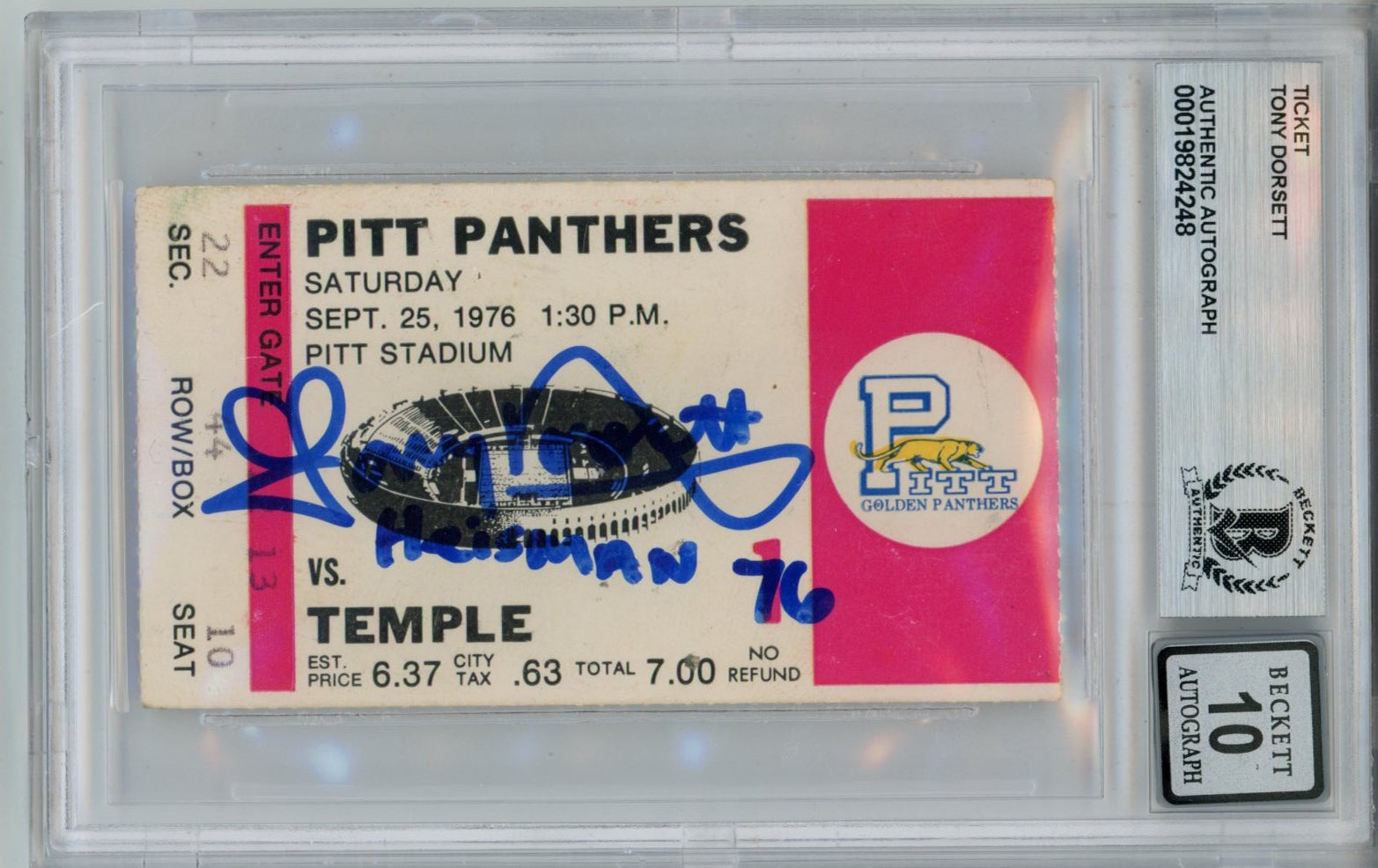 Tony Dorsett Pittsburgh Panthers Signed Card - Heisman 10auto Ticket Slab Beckett Beckett - 57050-Powers Sports Memorabilia