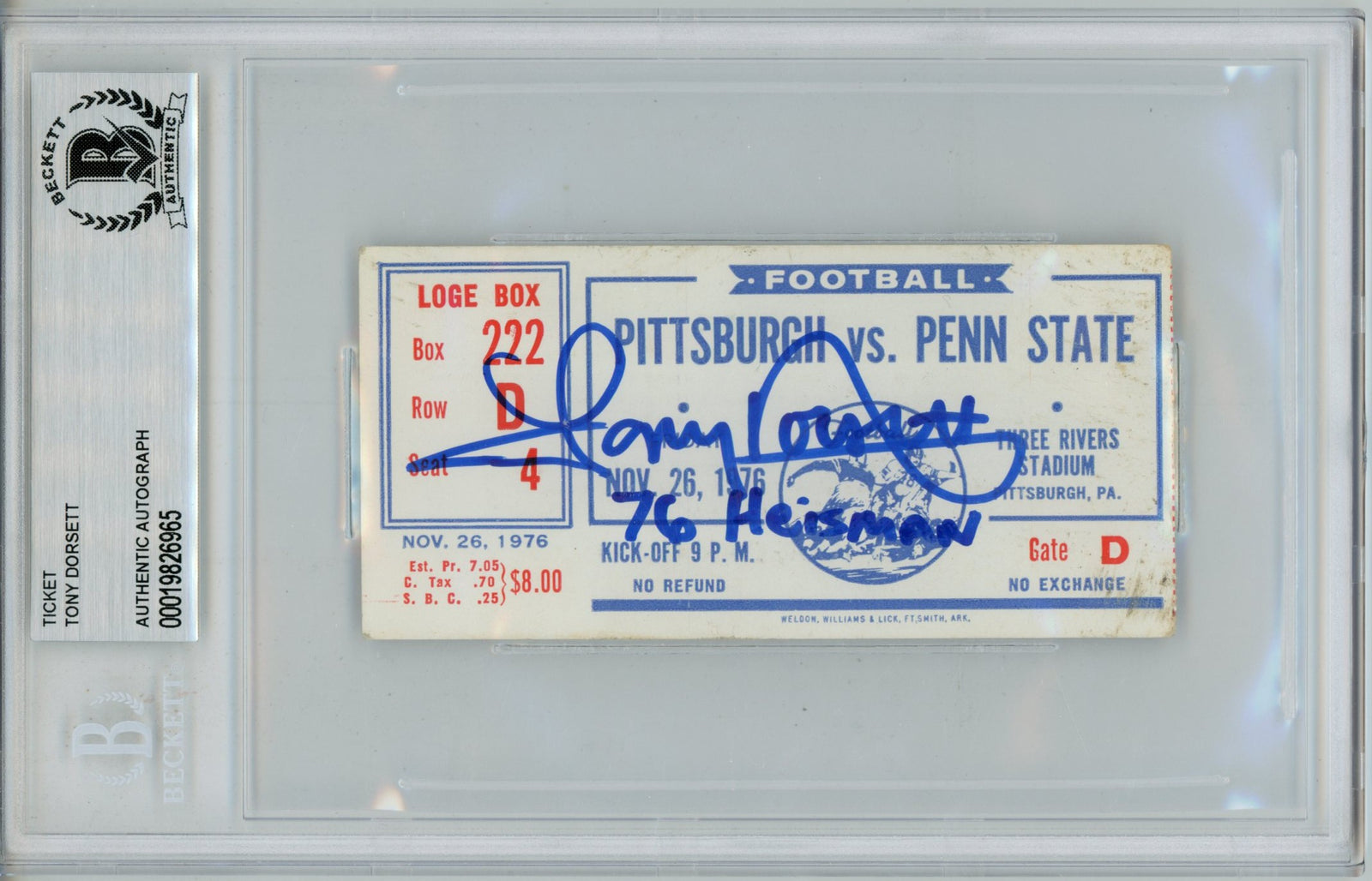 Tony Dorsett Pittsburgh Panthers Signed Card - 1976 Heisman Ticket Slab Beckett Beckett - 57054-Powers Sports Memorabilia