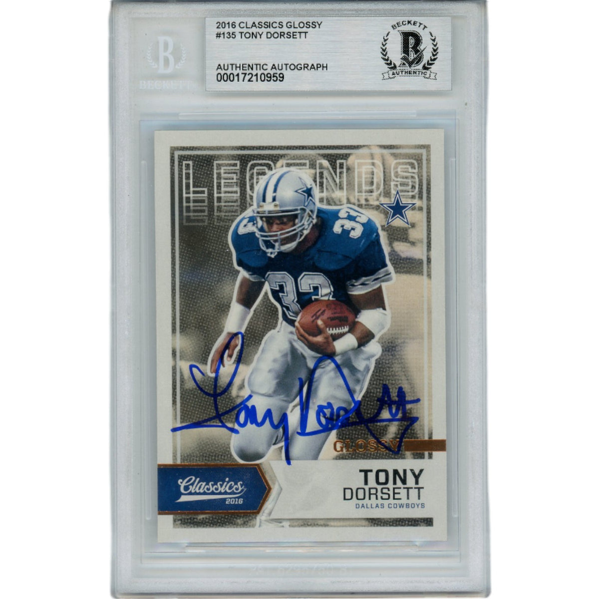 Tony Dorsett Dallas Cowboys Signed Card - 2016 Classics Glossy Slabbed Beckett Beckett-Powers Sports Memorabilia