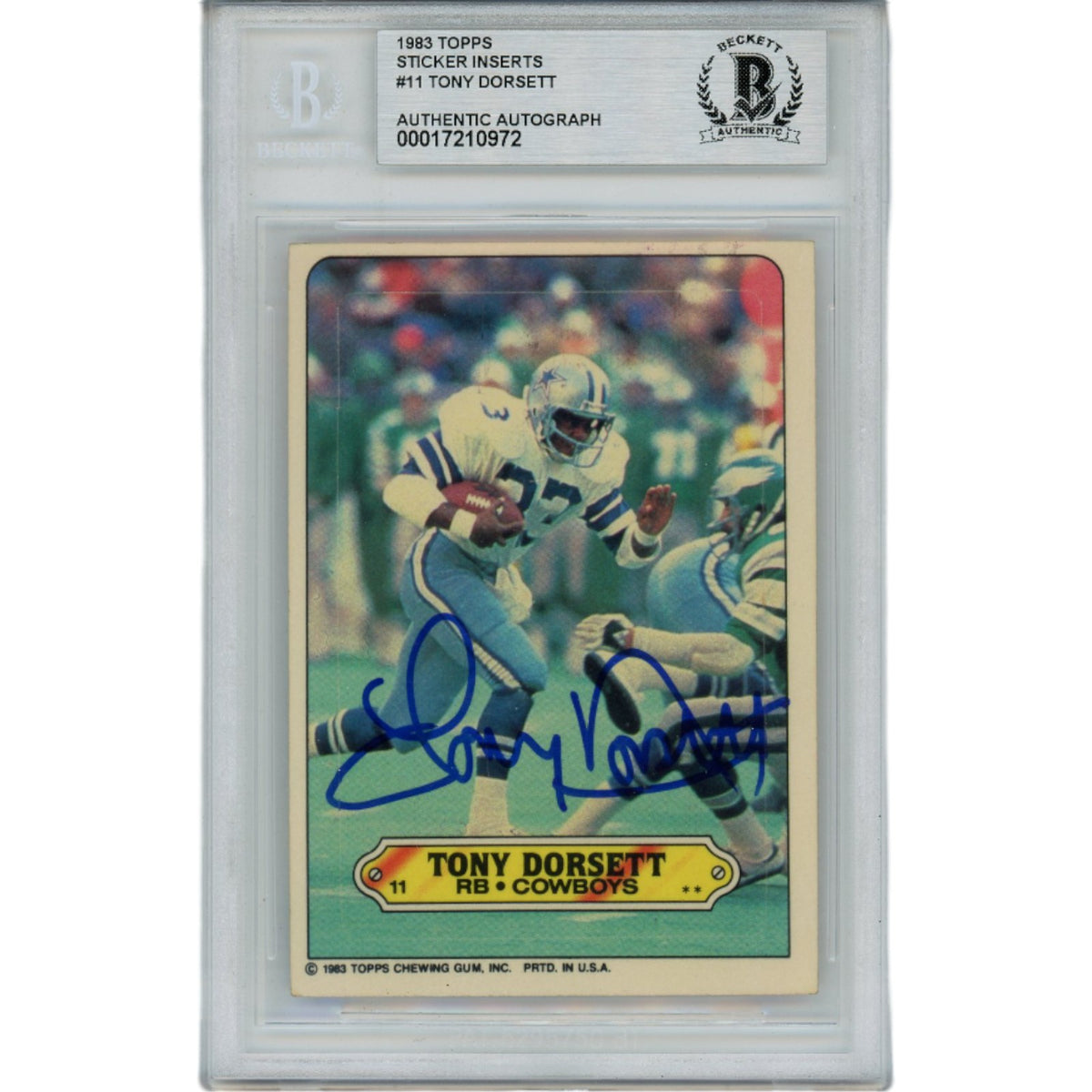 Tony Dorsett Dallas Cowboys Signed Card - 1983 Topps Sticker Slabbed Beckett Beckett-Powers Sports Memorabilia