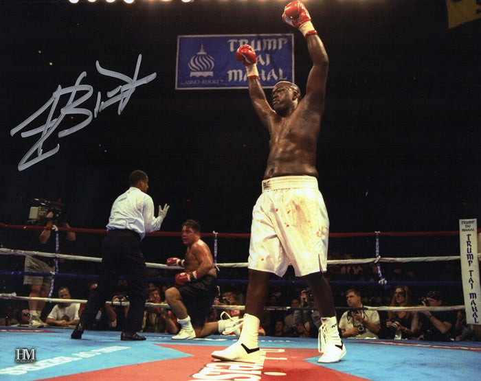 James Buster Douglas Autographed Boxing Arms In Air White Trunks 8x10 Photo-Powers Sports Memorabilia
