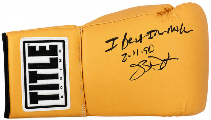 James Buster Douglas Autographed Title Gold Boxing Glove with I Beat Iron Mike 2-11-90-Powers Sports Memorabilia