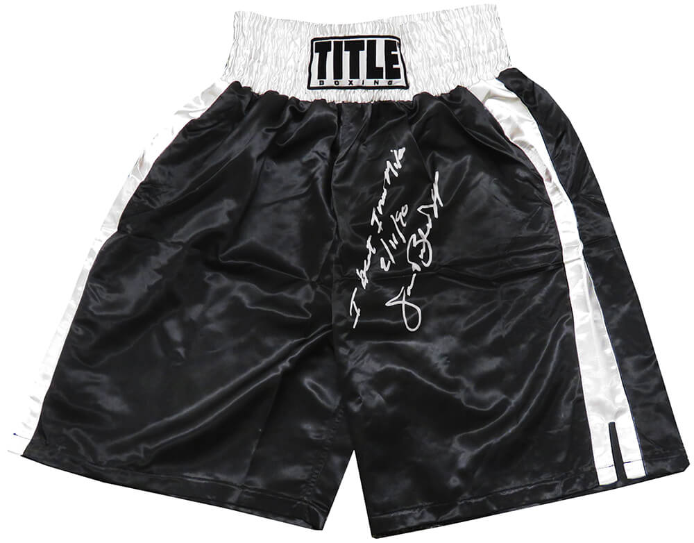James Buster Douglas Autographed Title Black & White Trim Boxing Trunks-Powers Sports Memorabilia