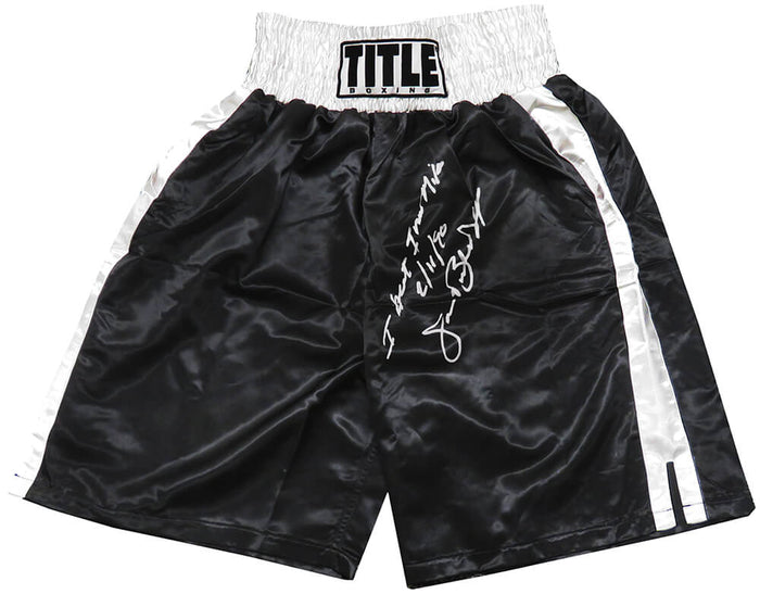 James Buster Douglas Autographed Title Black & White Trim Boxing Trunks-Powers Sports Memorabilia