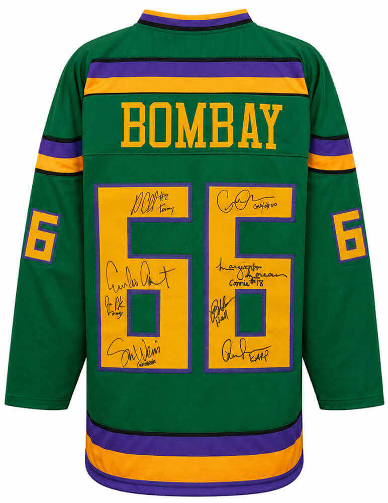 The Mighty Ducks Cast Autographed Bombay #66 Green Custom Hockey Jersey (Emilio Estevez + 7 Signatures - with Character Names)-Powers Sports Memorabilia