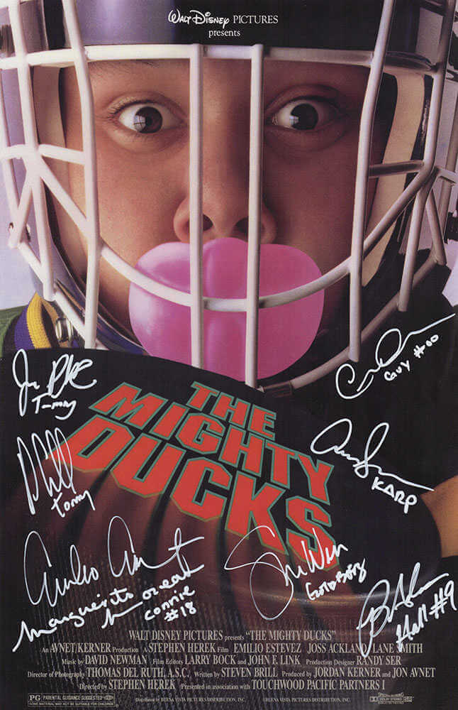 The Mighty Ducks Cast Autographed 11x17 (Goldberg Image) Movie Poster (Emilio Estevez + 7 Signatures - with Character Names)-Powers Sports Memorabilia