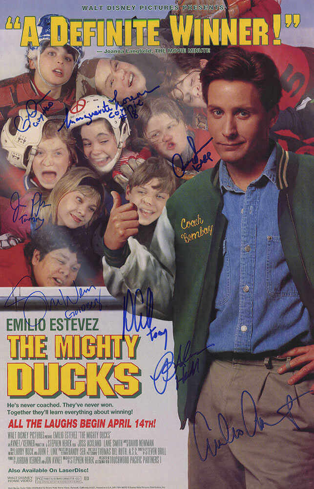 The Mighty Ducks Cast Autographed 11x17 The Mighty Ducks Movie Poster (Emilio Estevez + 7 Signatures - with Character Names)-Powers Sports Memorabilia