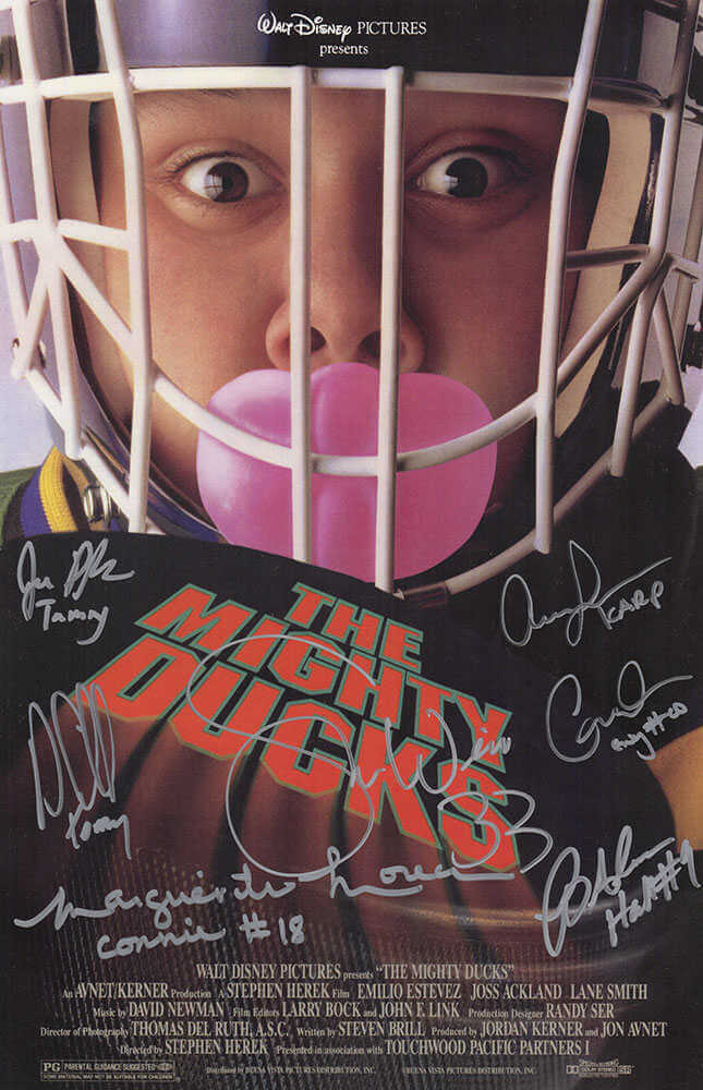 The Mighty Ducks Cast Autographed 11x17 The Mighty Ducks (Goldberg Image) Movie Poster (7 Signatures - with Character Names)-Powers Sports Memorabilia