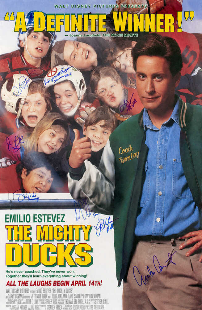 Mighty Ducks Cast Autographed The Mighty Ducks 27x40 Full Size Movie Poster (Emilio Estevez + 7 Signatures - with Character Names)-Powers Sports Memorabilia