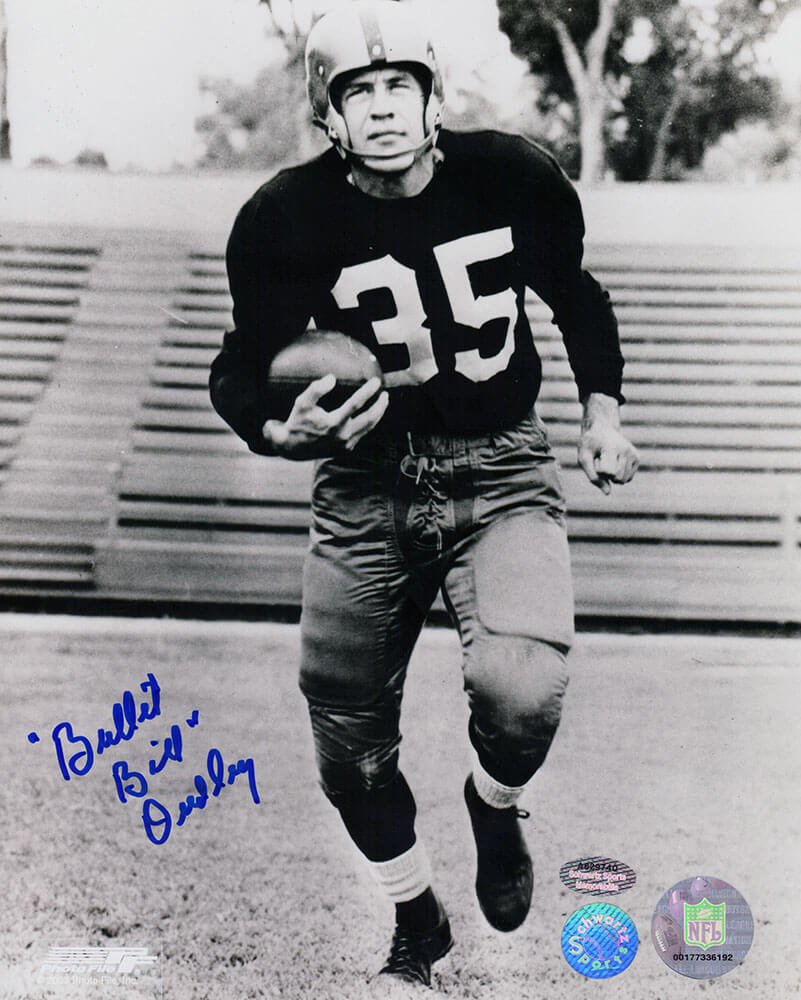 Bill Dudley Autographed Steelers B&W Pose With Football 8x10 Photo with Bullet-Powers Sports Memorabilia