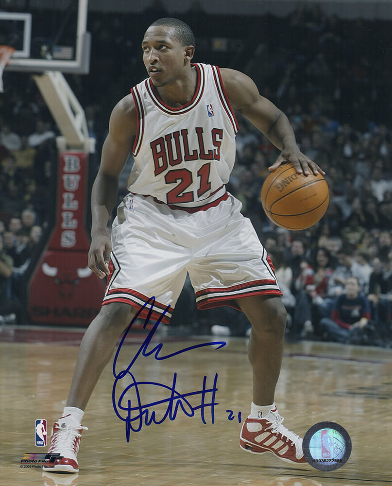 Chris Duhon Autographed Chicago Bulls White Jersey Dribbling 8x10 Photo-Powers Sports Memorabilia