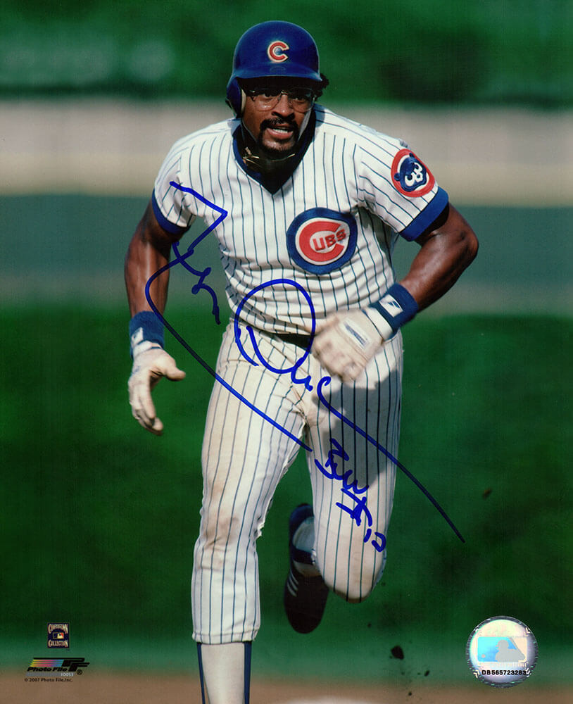 Leon Durham Autographed Chicago Cubs Running Bases 8x10 Photo with Bull-Powers Sports Memorabilia