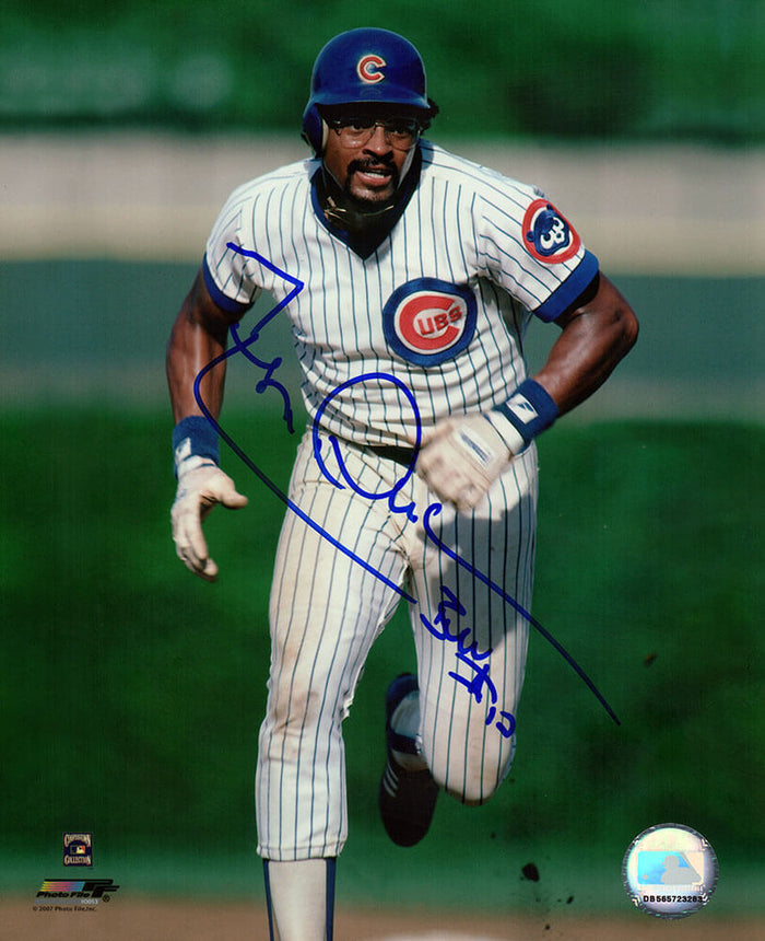 Leon Durham Autographed Chicago Cubs Running Bases 8x10 Photo with Bull-Powers Sports Memorabilia