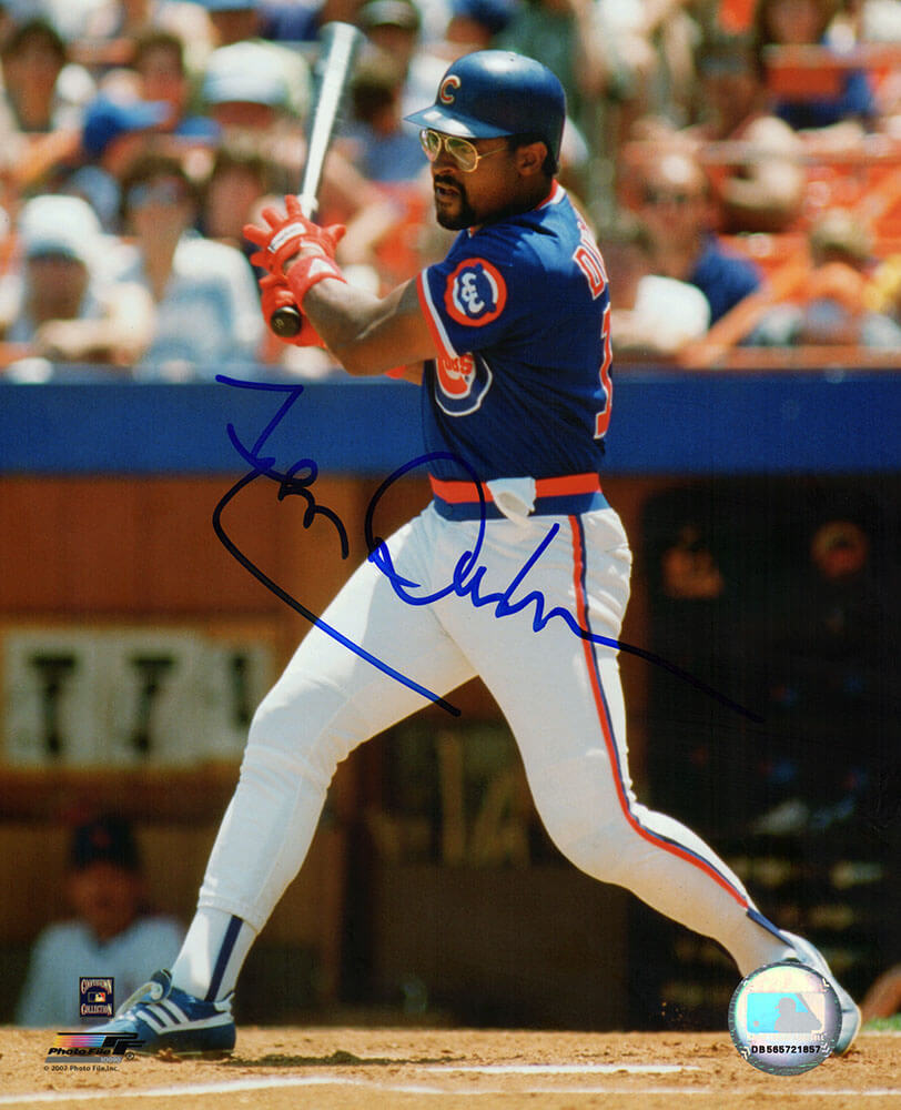 Leon Durham Autographed Chicago Cubs Blue Jersey Swinging Action 8x10 Photo-Powers Sports Memorabilia