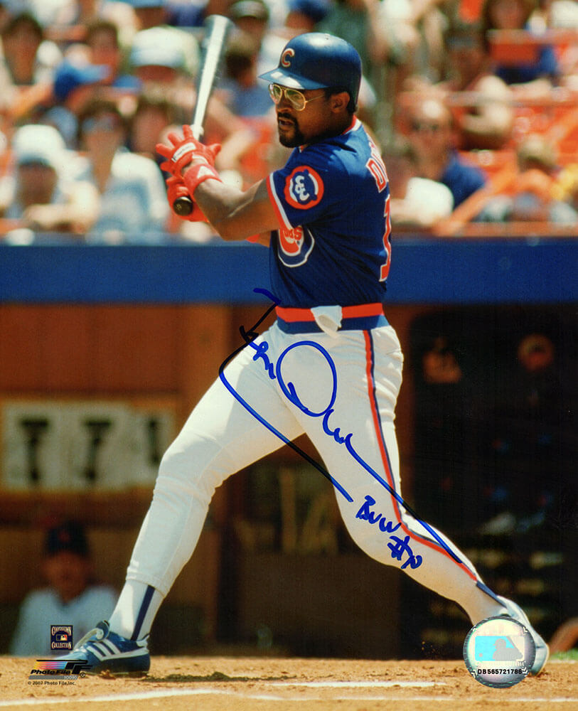 Leon Durham Autographed Chicago Cubs Blue Jersey Swinging Action 8x10 Photo with Bull-Powers Sports Memorabilia