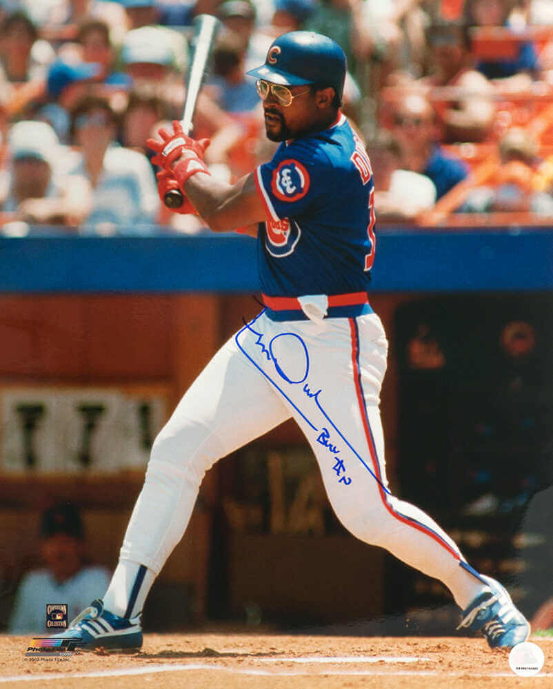 Leon Durham Autographed Chicago Cubs Blue Jersey Swinging 16x20 Photo with Bull-Powers Sports Memorabilia