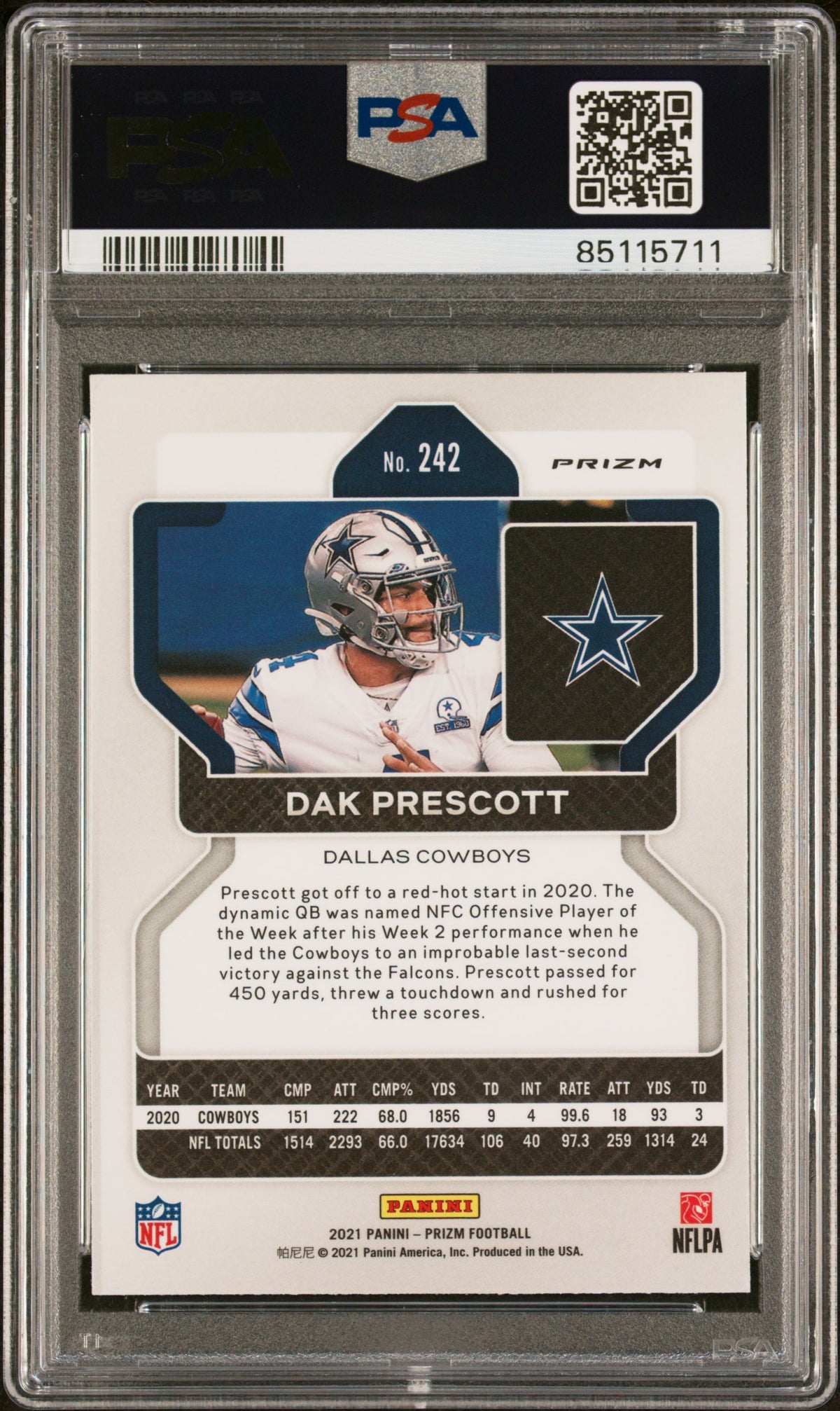 Dak Prescott 2021 Panini Prizm Red White Blue Football Card #242 Graded PSA 10-Powers Sports Memorabilia