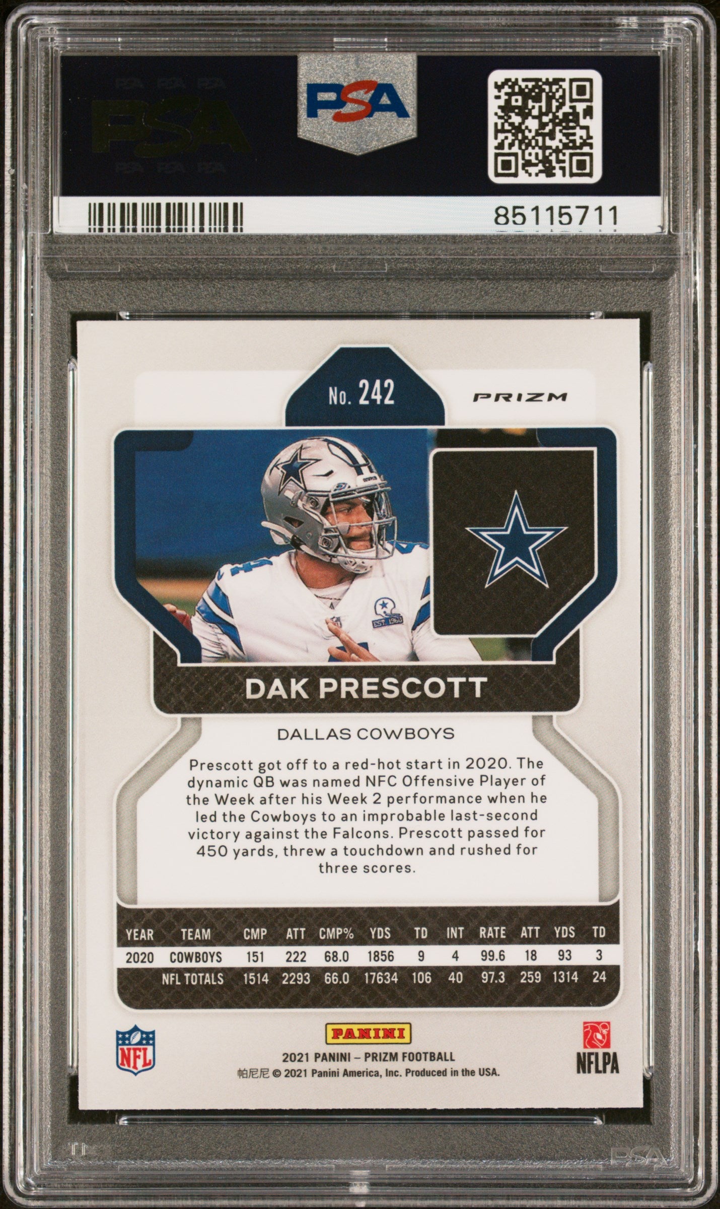 Dak Prescott 2021 Panini Prizm Red White Blue Football Card #242 Graded PSA 10-Powers Sports Memorabilia
