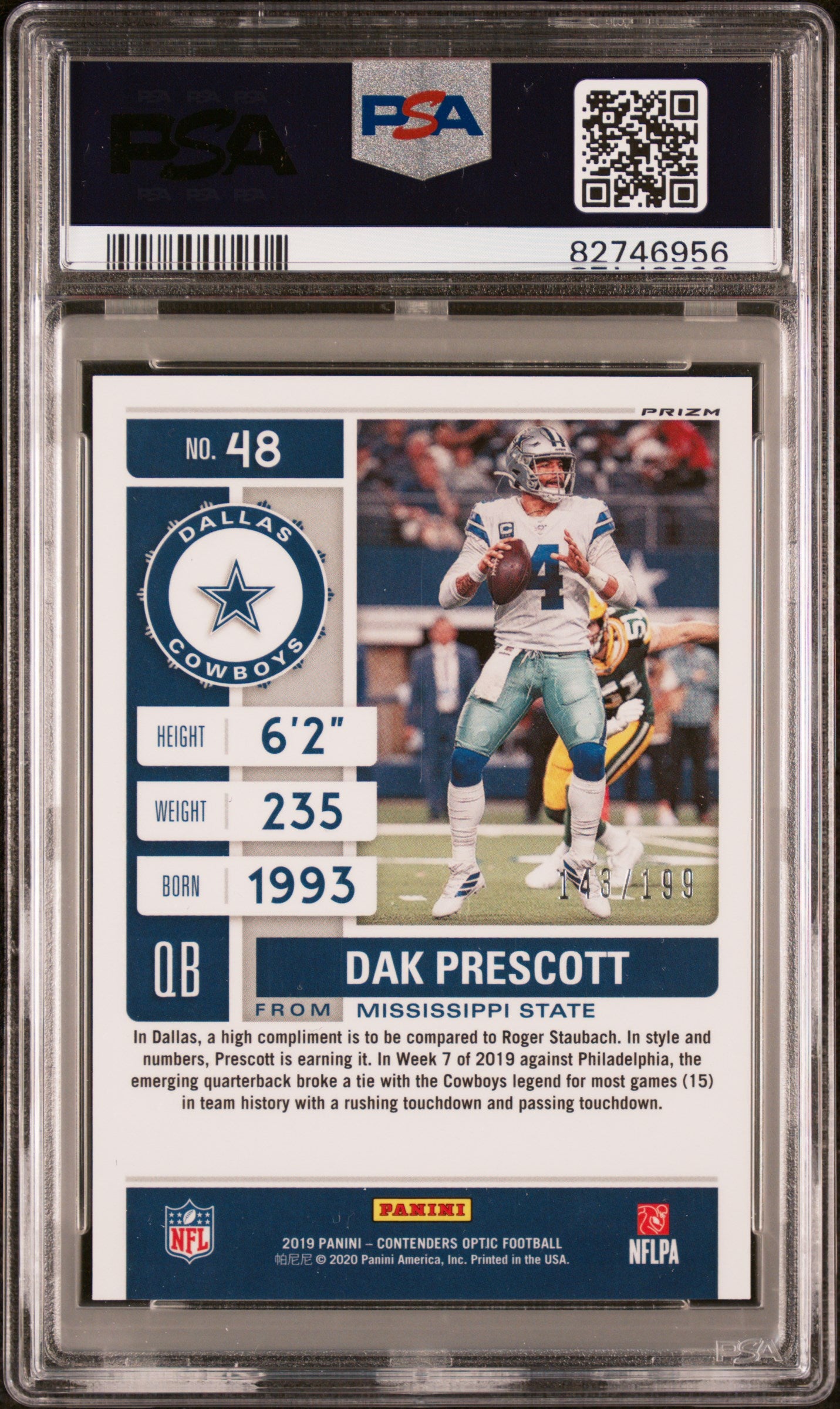Dak Prescott 2018 Panini Contenders Optic Red Card #48 Graded PSA 10 143/199-Powers Sports Memorabilia