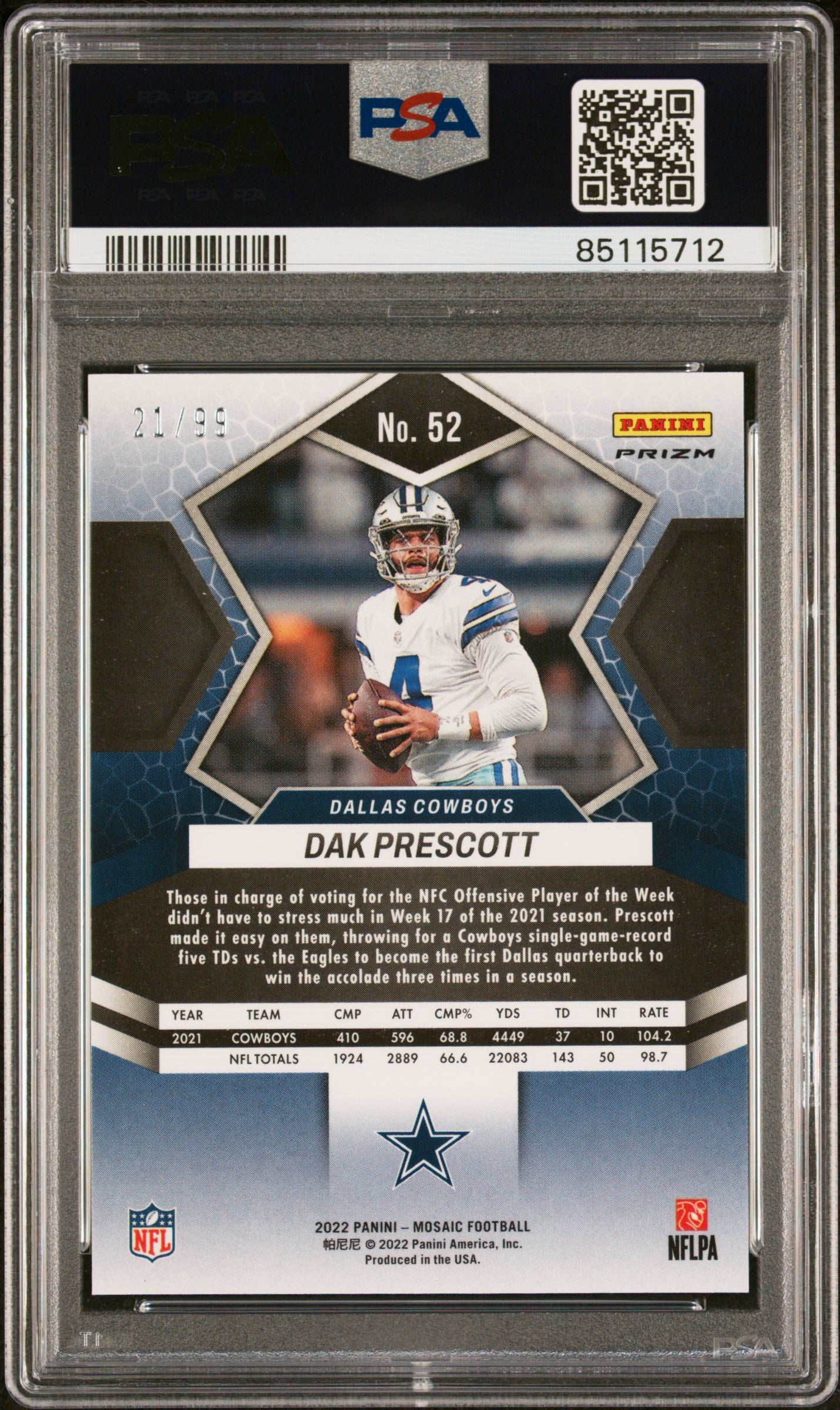 Dak Prescott 2022 Panini Mosaic Blue Football Card #52 Graded PSA 10 21/99-Powers Sports Memorabilia