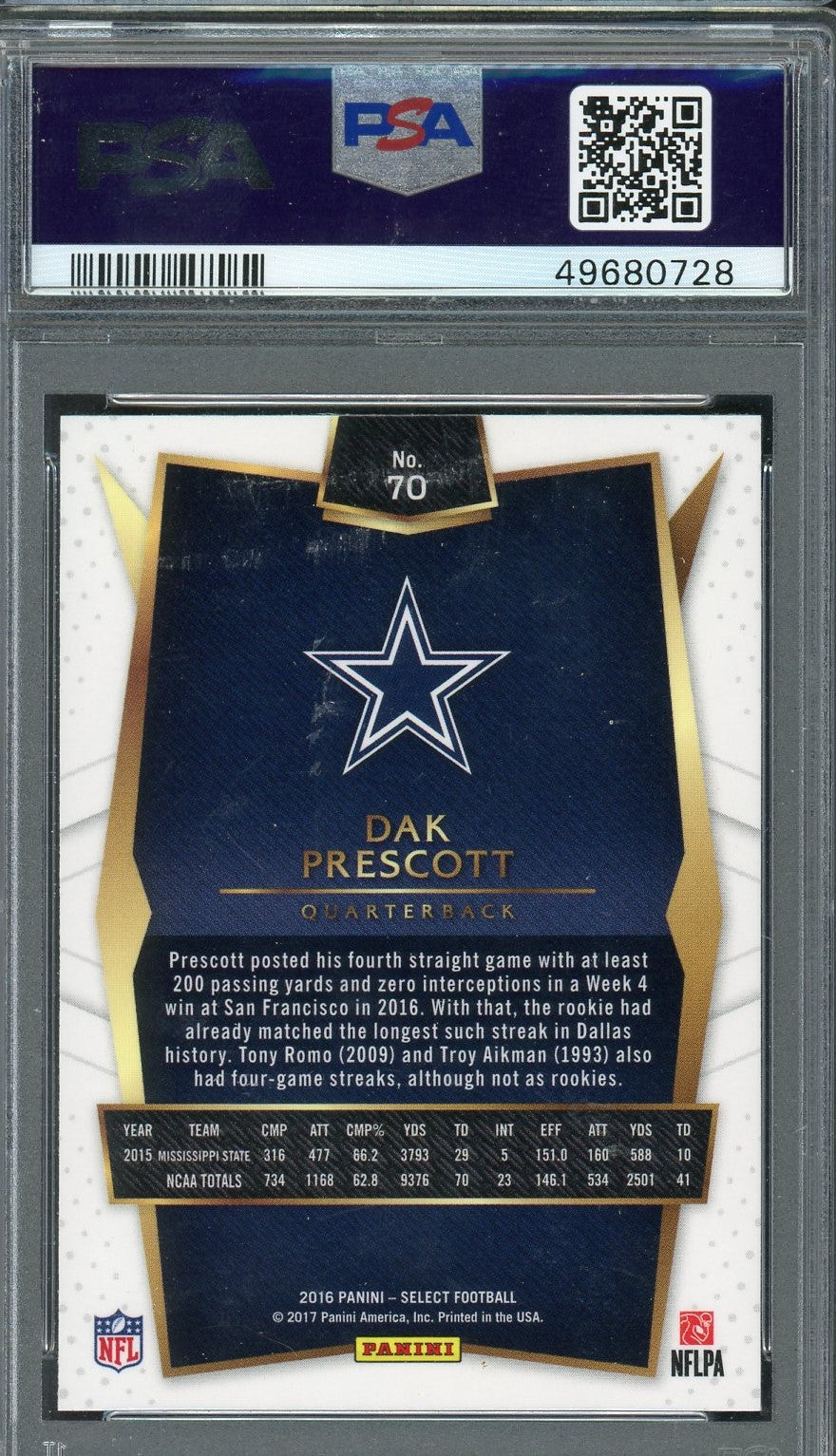 Dak Prescott 2016 Panini Select Football Rookie Card #70 Graded PSA 10-Powers Sports Memorabilia