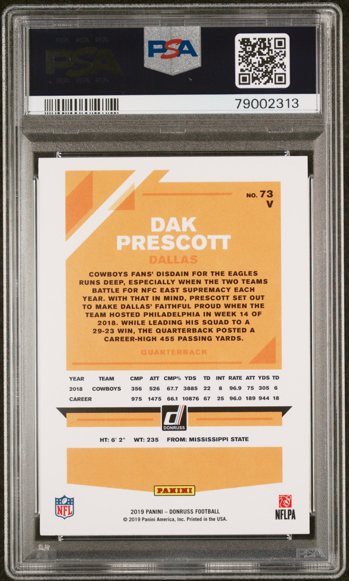Dak Prescott 2019 Panini Donruss No Ball Football Card #73V Graded PSA 10-Powers Sports Memorabilia