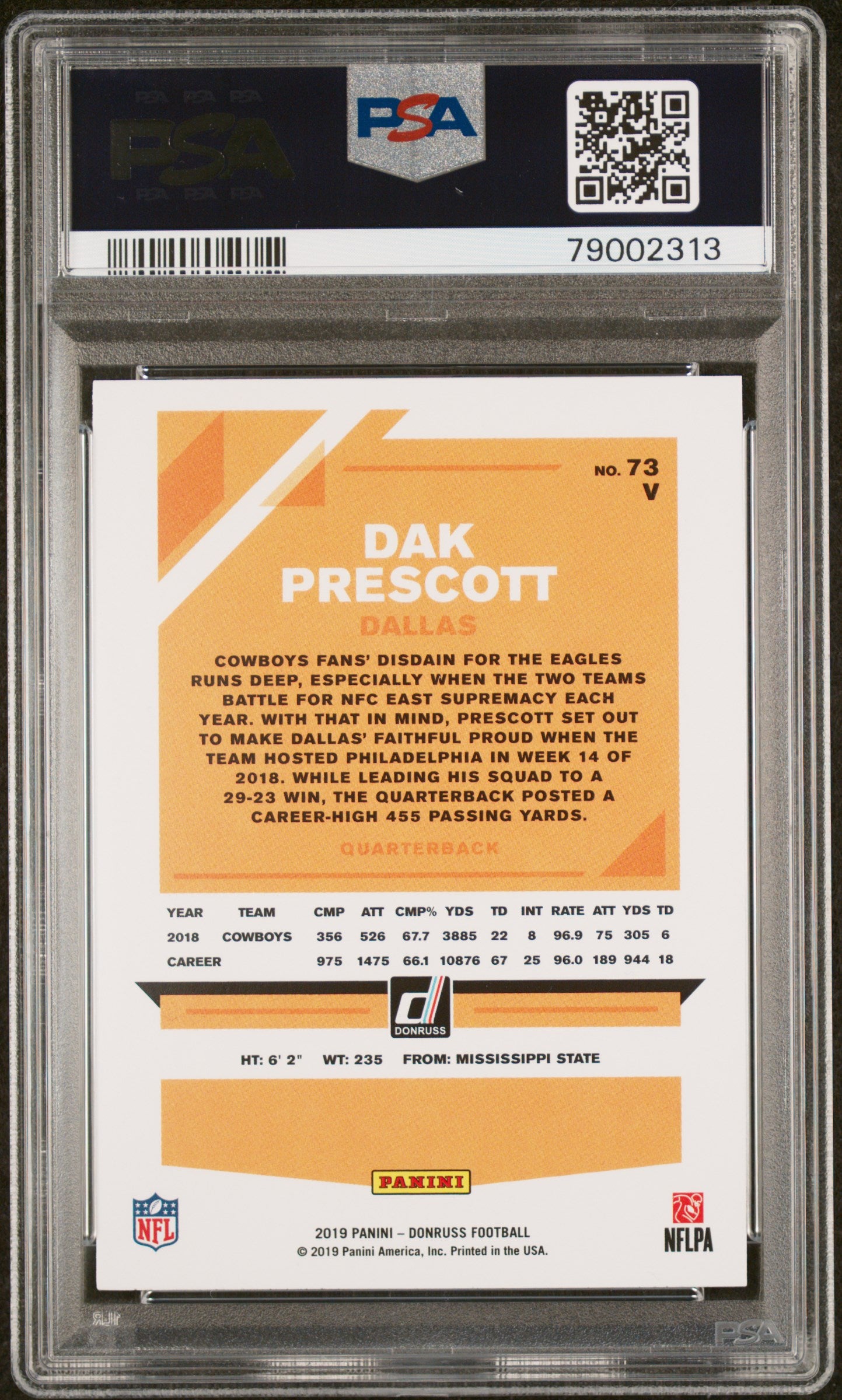Dak Prescott 2019 Panini Donruss No Ball Football Card #73V Graded PSA 10-Powers Sports Memorabilia