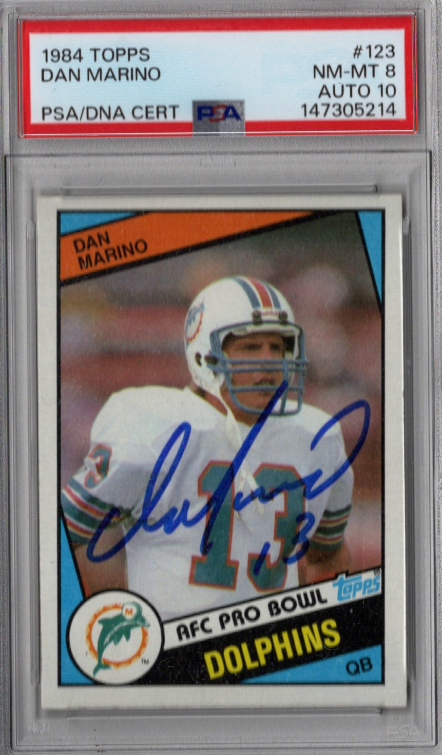 Dan Marino Signed Miami Dolphins 1984 Topps #123 Rookie Card PSA NM-MT 8 AUTO 10-Powers Sports Memorabilia