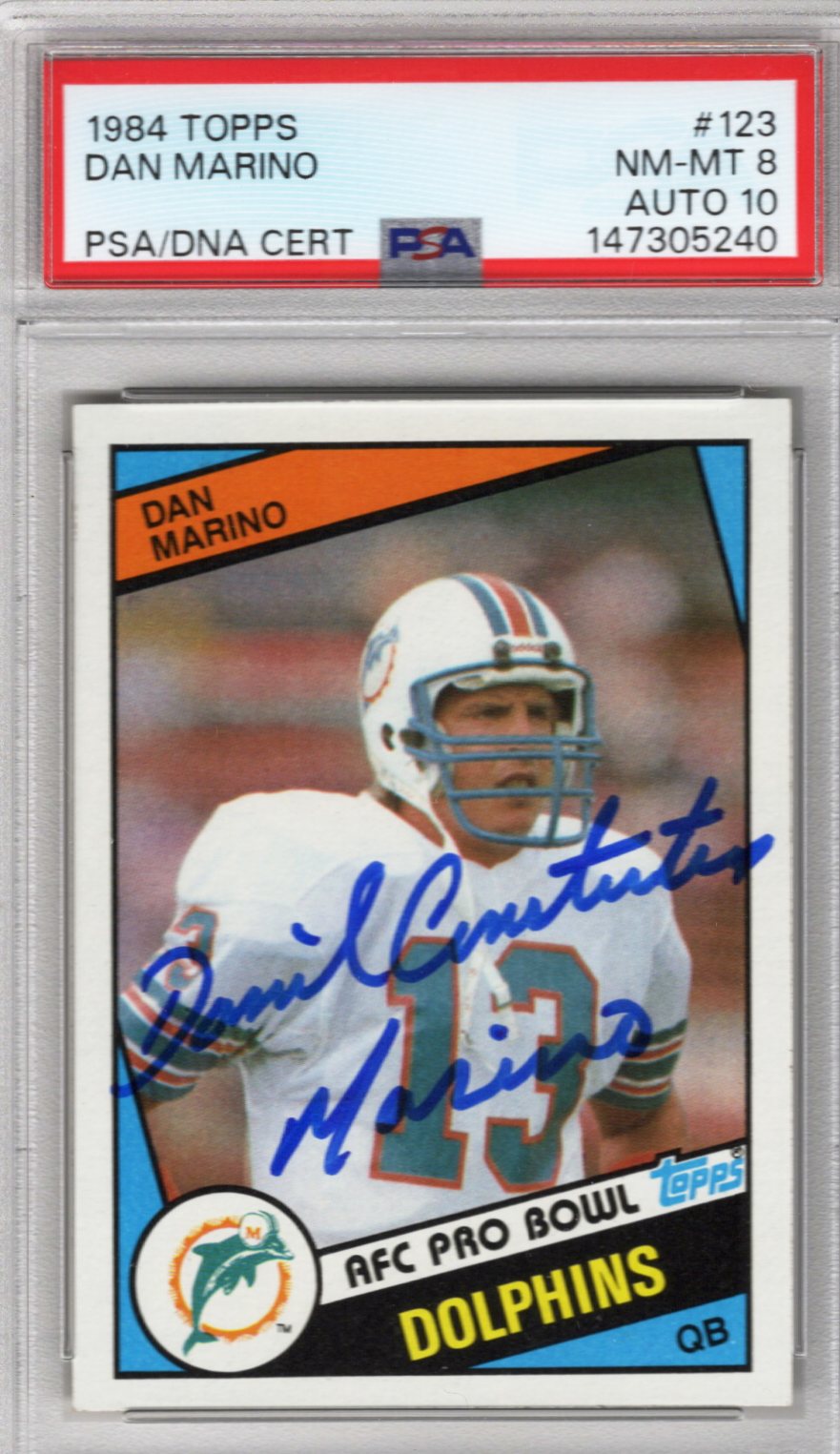 Dan Marino Signed Miami Dolphins 1984 Topps #123 Rookie Card PSA NM-MT 8 AUTO 10 - PSA Cert #147305240-Powers Sports Memorabilia