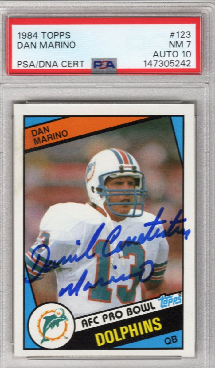Dan Marino Signed Miami Dolphins 1984 Topps #123 Rookie Card PSA NM 7 AUTO 10 - PSA Cert #147305242-Powers Sports Memorabilia