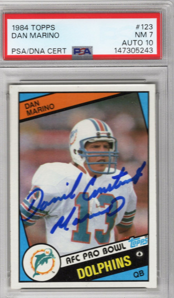 Dan Marino Signed Miami Dolphins 1984 Topps #123 Rookie Card PSA NM 7 AUTO 10-Powers Sports Memorabilia