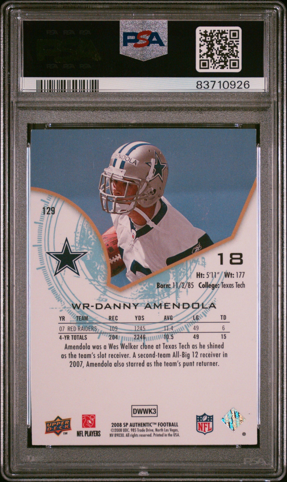 Danny Amendola 2008 SP Authentic Rookie Card #129 Auto Graded PSA 8 933/1399-Powers Sports Memorabilia