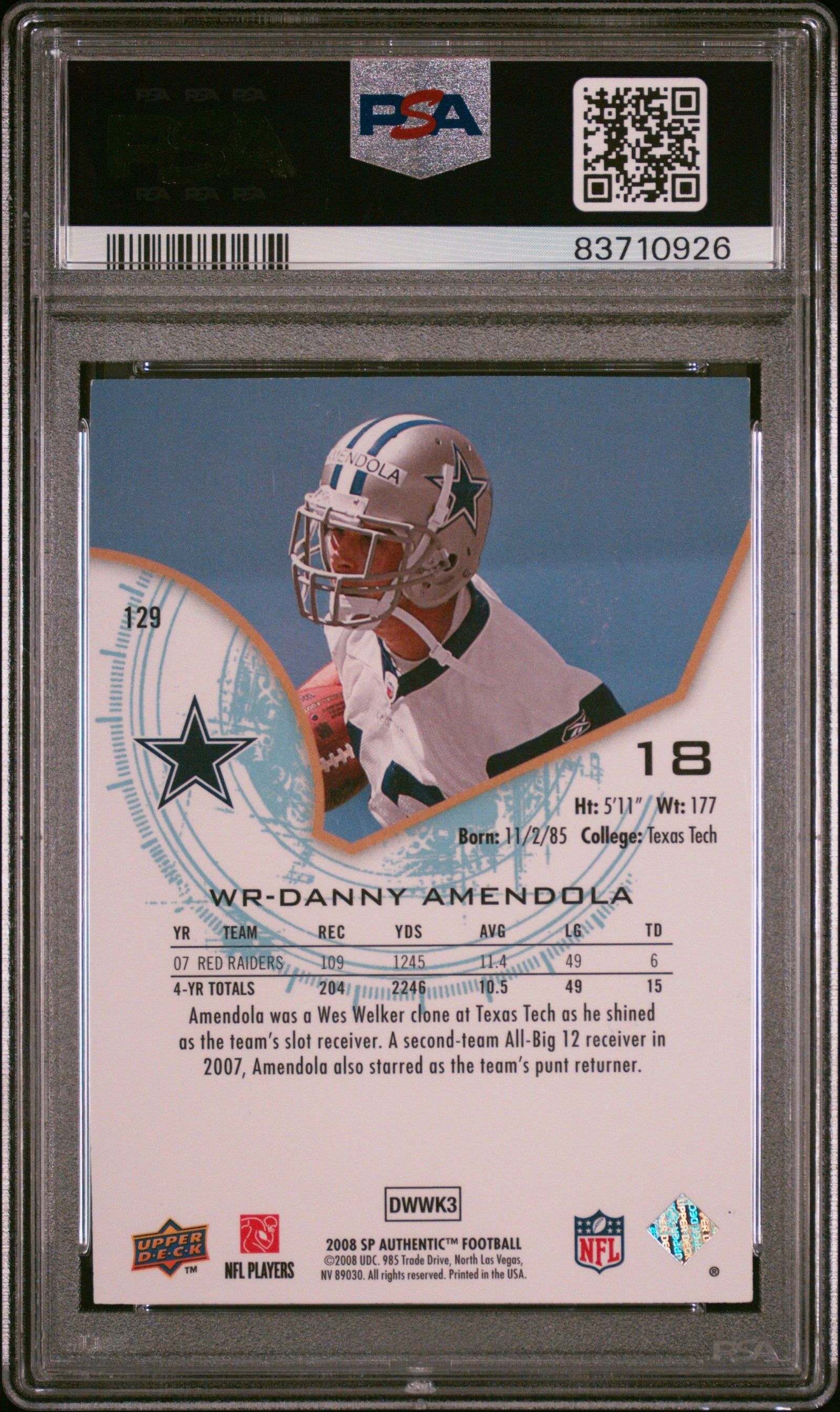 Danny Amendola 2008 SP Authentic Rookie Card #129 Auto Graded PSA 8 933/1399-Powers Sports Memorabilia