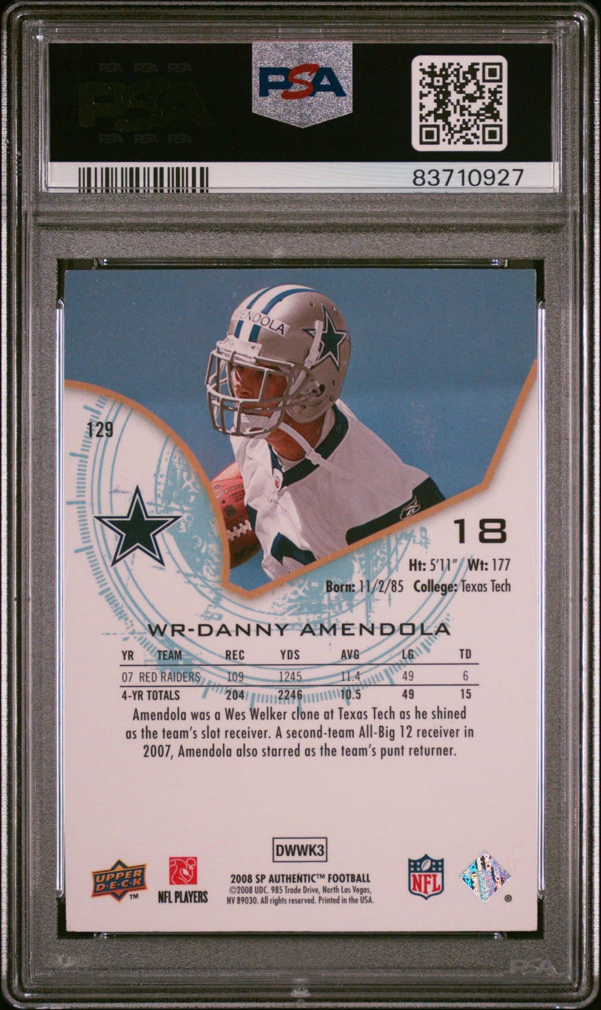 Danny Amendola 2008 SP Authentic Rookie Card #129 Auto Graded PSA 8 375/1399-Powers Sports Memorabilia