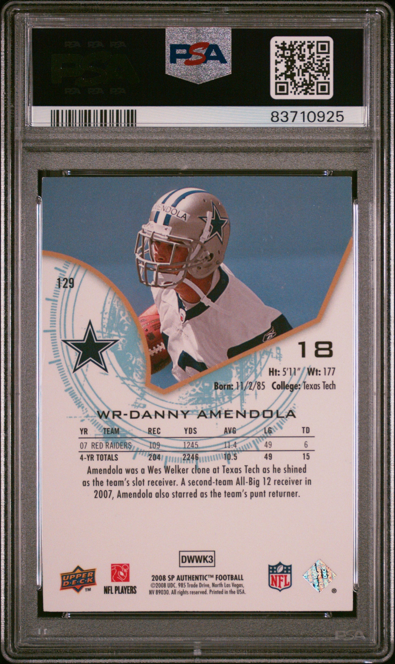 Danny Amendola 2008 SP Authentic Rookie Card #129 Auto Graded PSA 9 579/1399-Powers Sports Memorabilia