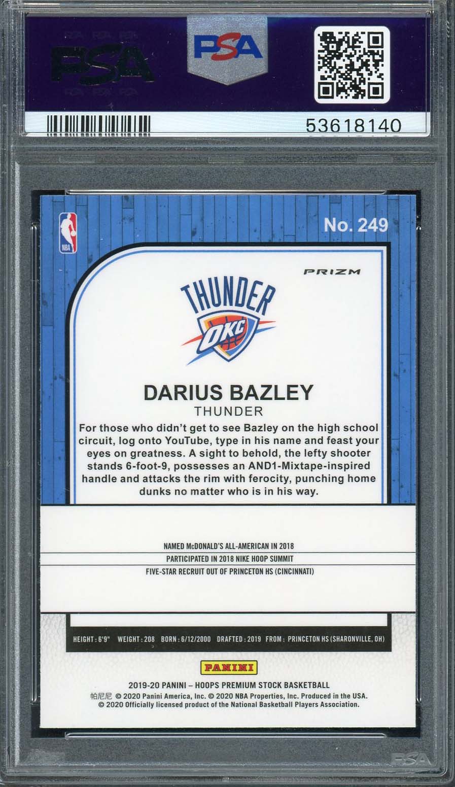 Darius Bazley 2019 Panini Hoops Premium Stock Pulsar Rookie Card #249 PSA 10-Powers Sports Memorabilia