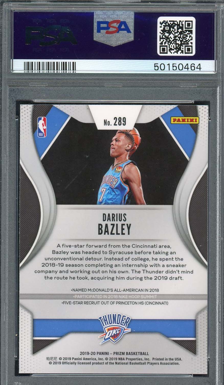 Darius Bazley 2019 Panini Prizm Basketball Rookie Card #289 PSA 9-Powers Sports Memorabilia