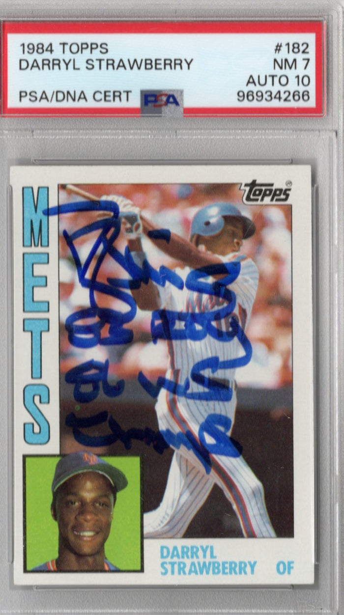Darryl Strawberry Signed New York Mets 1984 Topps #182 Rookie Card '83 ROY 86 WS Champs PSA NM-7 Auto 10-Powers Sports Memorabilia