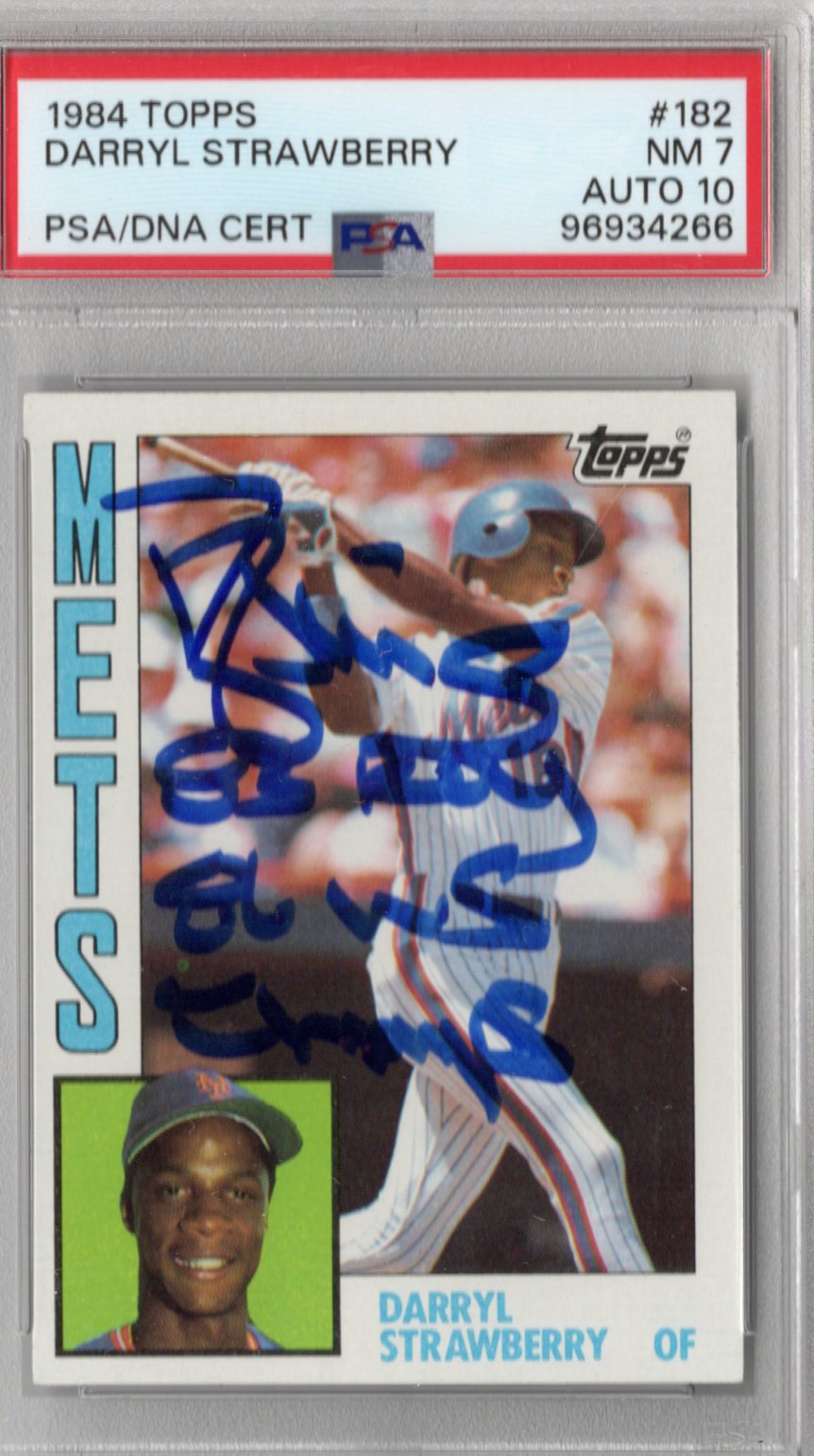 Darryl Strawberry Signed New York Mets 1984 Topps #182 Rookie Card '83 ROY 86 WS Champs PSA NM-7 Auto 10-Powers Sports Memorabilia