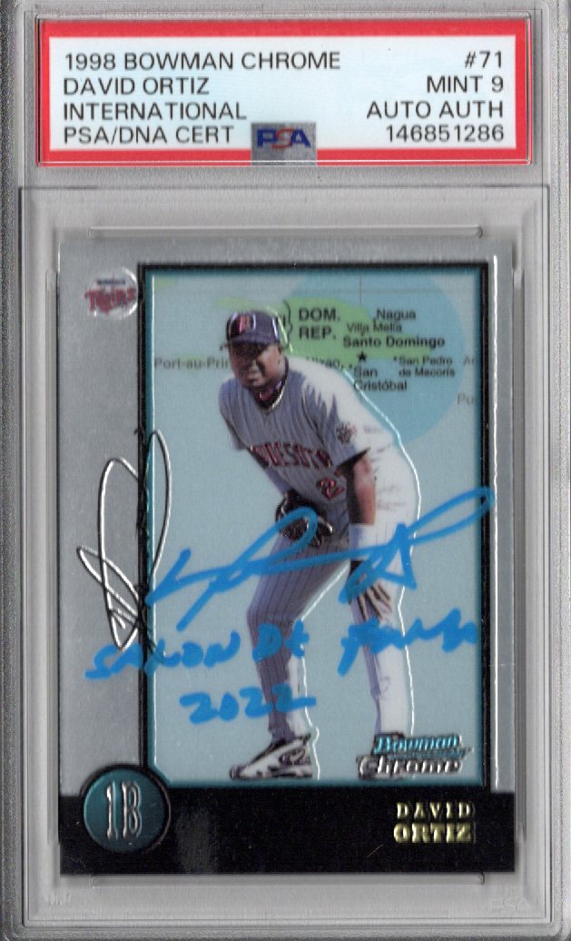 David Ortiz Signed Twins 1998 Bowman Chrome International Rookie Card PSA MINT 9 AUTO AUTH-Powers Sports Memorabilia