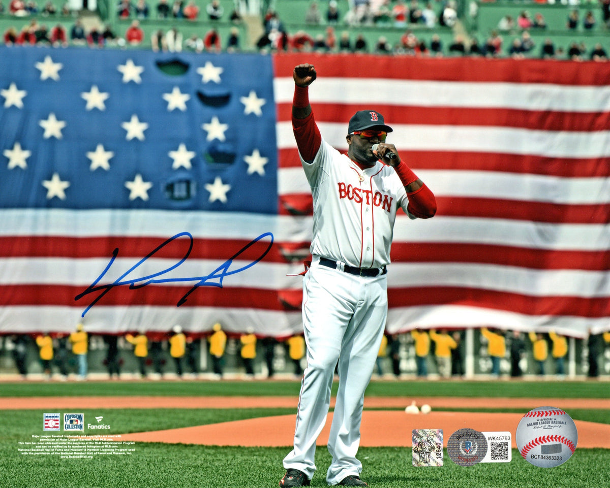 David Ortiz Autographed Boston Red Sox 2013 Flag 8x10 Photo Beckett Witnessed-Powers Sports Memorabilia