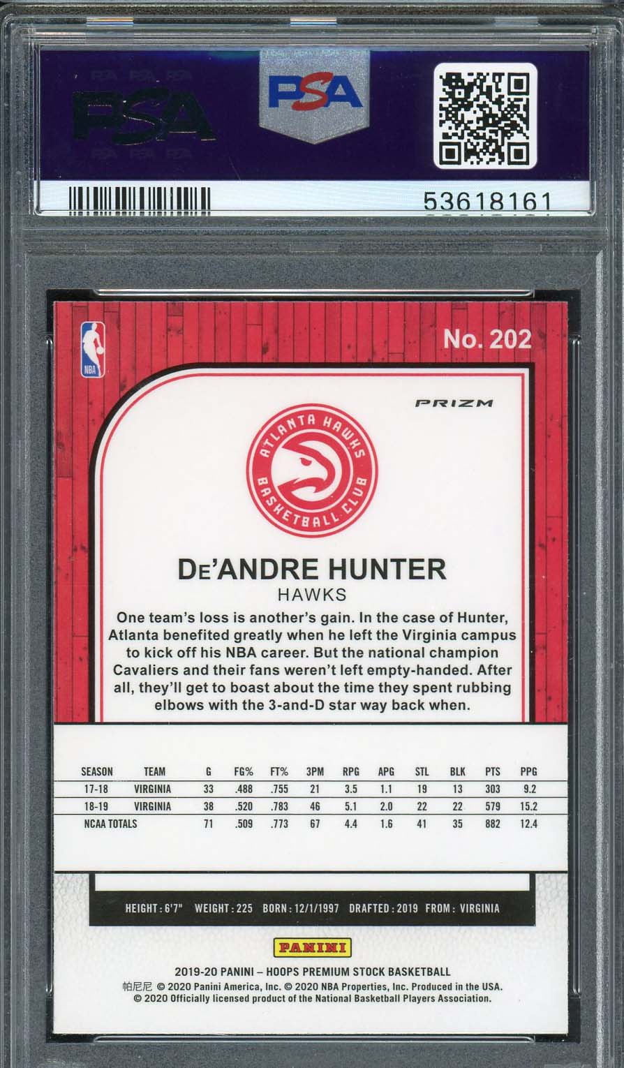De'Andre Hunter 2019 Panini Hoops Premium Stock Pulsar Rookie Card #202 PSA 10-Powers Sports Memorabilia