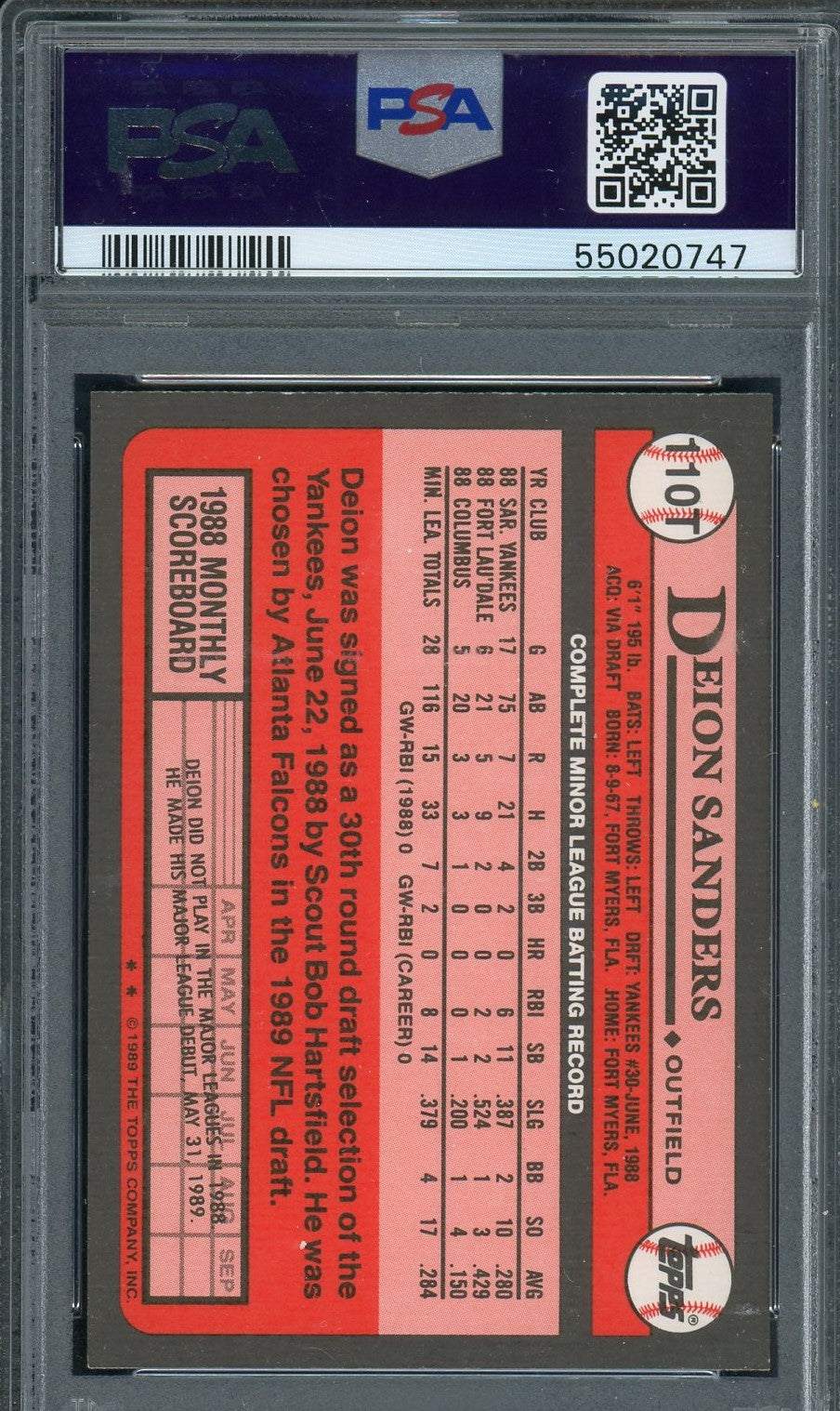 Deion Sanders 1989 Topps Traded Baseball Rookie Card #110T Graded PSA 8-Powers Sports Memorabilia