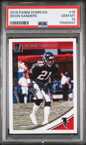 Deion Sanders 2018 Panini Donruss Football Card #18 Graded PSA 10-Powers Sports Memorabilia