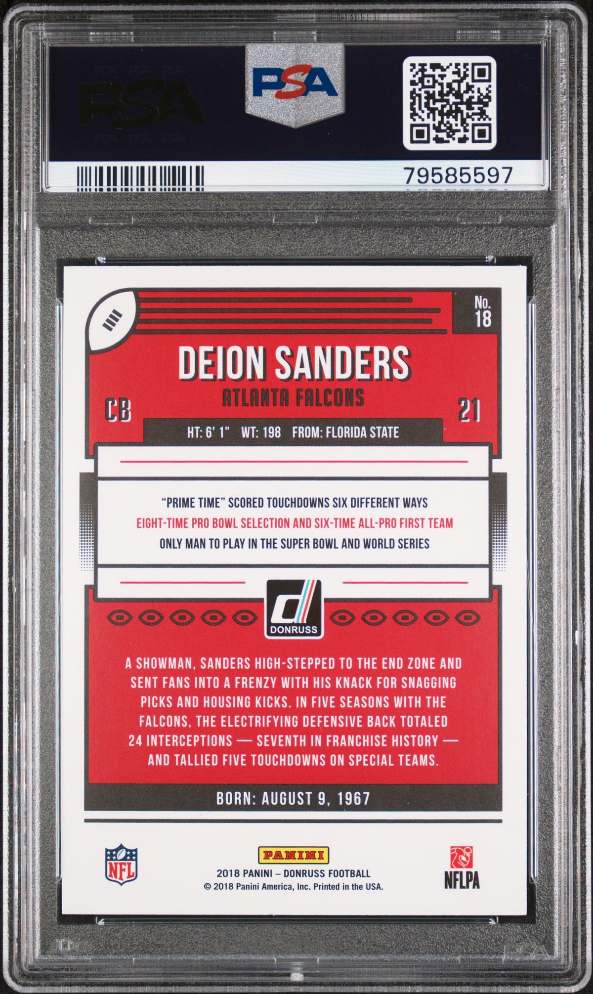 Deion Sanders 2018 Panini Donruss Football Card #18 Graded PSA 10-Powers Sports Memorabilia