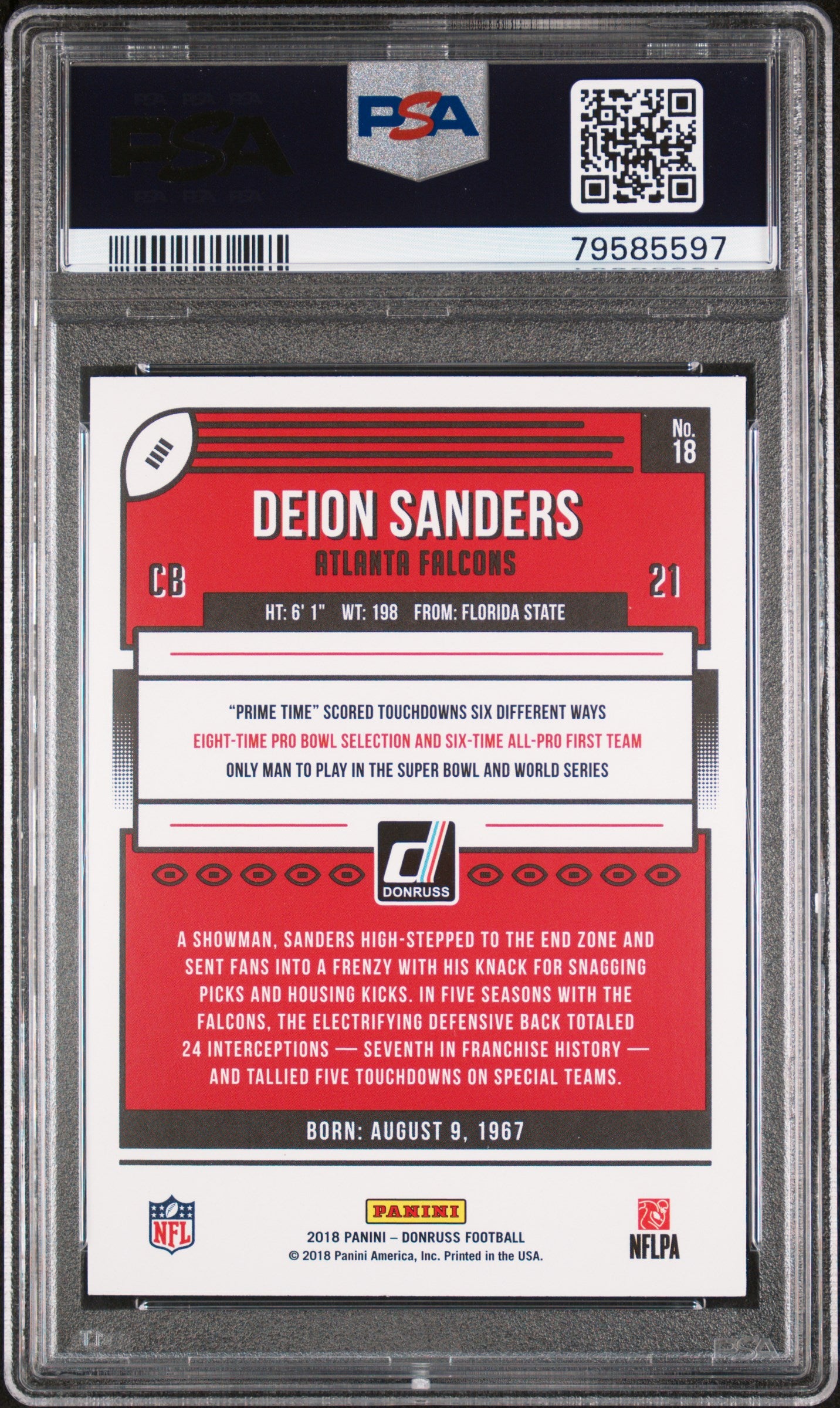 Deion Sanders 2018 Panini Donruss Football Card #18 Graded PSA 10-Powers Sports Memorabilia